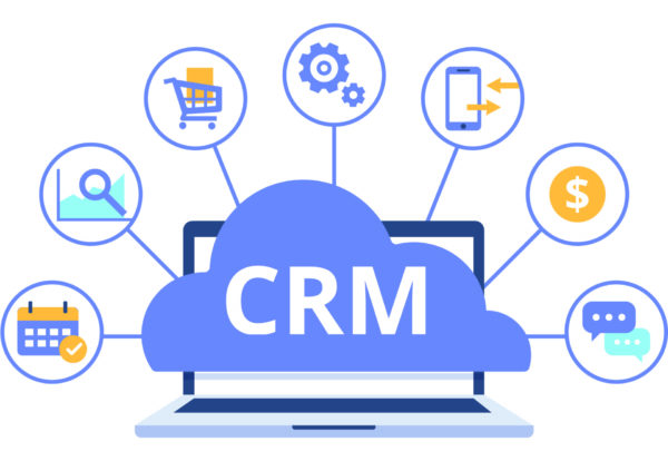 Image avec un nuage où il y a marqué CRM qui relie un agenda, des statistiques, un caddie, une roue crantée, un téléphone portable, une pièce de monnaie et des bulles de discussion