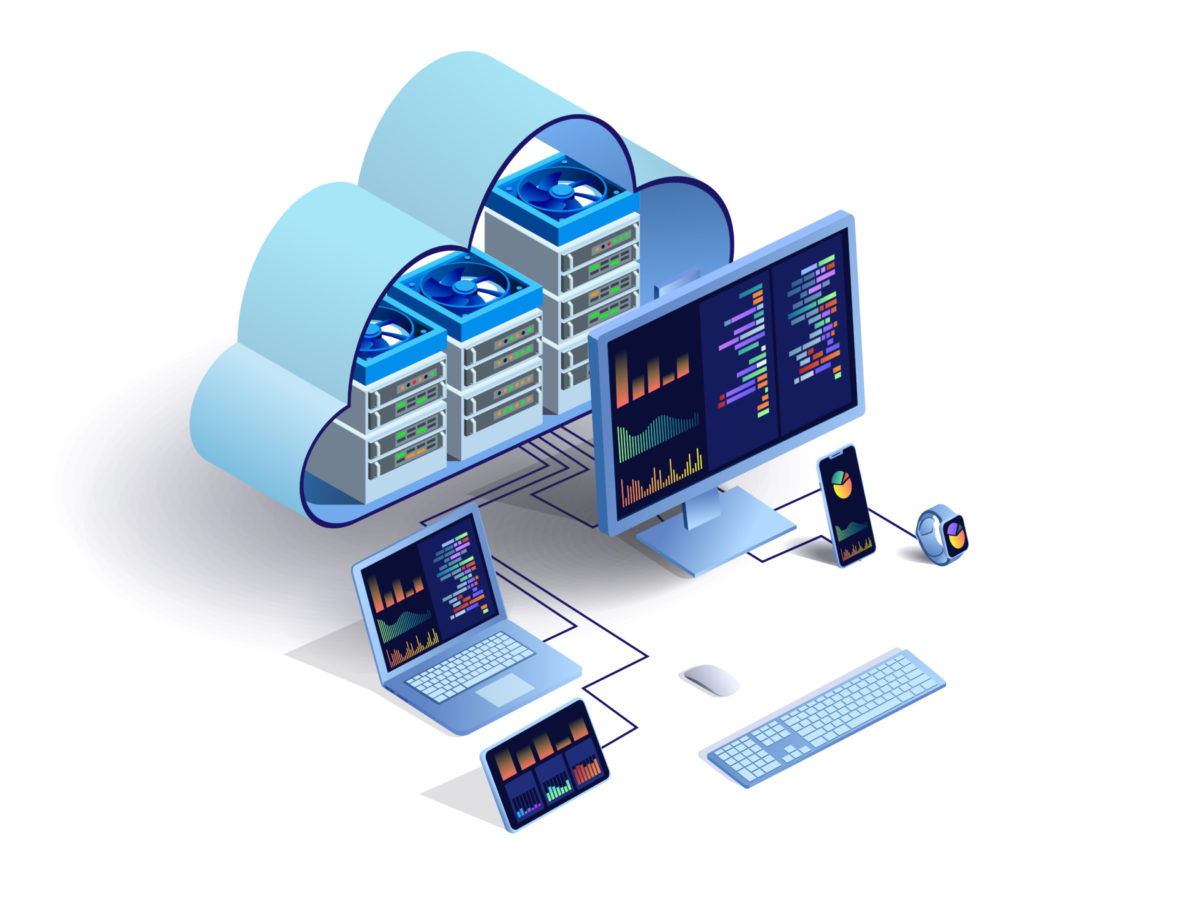 Illustration d'un ordinateur, d'une tablette,d'un téléphone, d'une montre connectée et d'un ipad connectés à un nuage (le cloud).